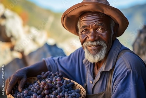 Elderly italian man picking grapes in basket on sunny summer day. Close-up, bottom view