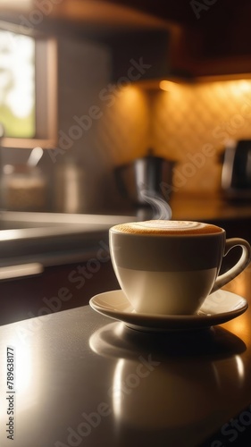 white cup of coffee with steam on a wooden table in a cozy home atmosphere in a warm light. The concept of home comfort and good morning