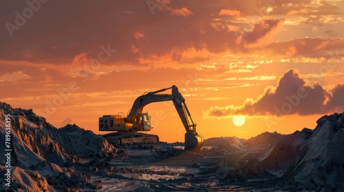 A large construction machine is in the middle of a rocky, barren landscape