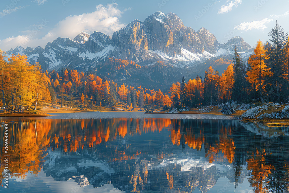 A picturesque scene of the Alps, with snowcapped mountains and clear blue skies reflecting in an idyllic lake surrounded by lush greenery. Created with Ai