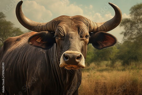 Closeup portrait of a Nelore bull, showcasing its characteristic hump and large ears, set against a serene rural backdrop