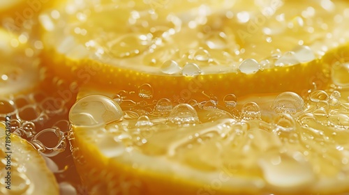 Close-up of a lemon wedge with water droplets on the surface. The image is refreshing and vibrant, and the colors are bright and saturated.