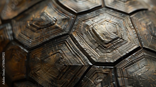 A closeup of a turtle shell with a beautiful pattern and texture. The shell is made of a hard material that protects the turtle from predators.