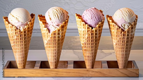 Waffle cones with a round scoop of ice cream on a wooden display. Ice cream cones served on a wooden board under studio lighting.