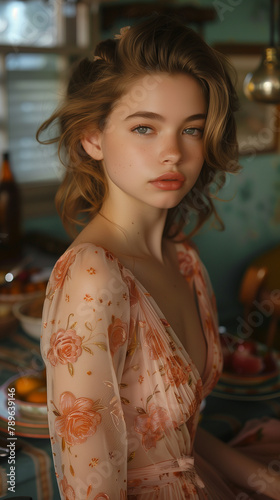 Portrait of a young woman evoking 1950s american nostalgia in a softly-lit kitchen scene with vintage styling