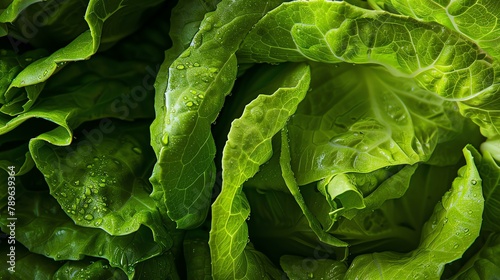 Fresh green lettuce leaves with water drops. photo