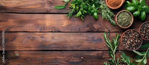 Top view of fresh herbs and spices displayed on a wooden table with space for text.