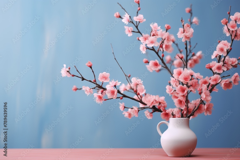 Stunning cherry blossom branch on soft focus blue background, beautiful spring floral composition