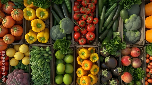 Top view of a variety of fresh vegetables and fruits in wooden crates at a farmer s market.