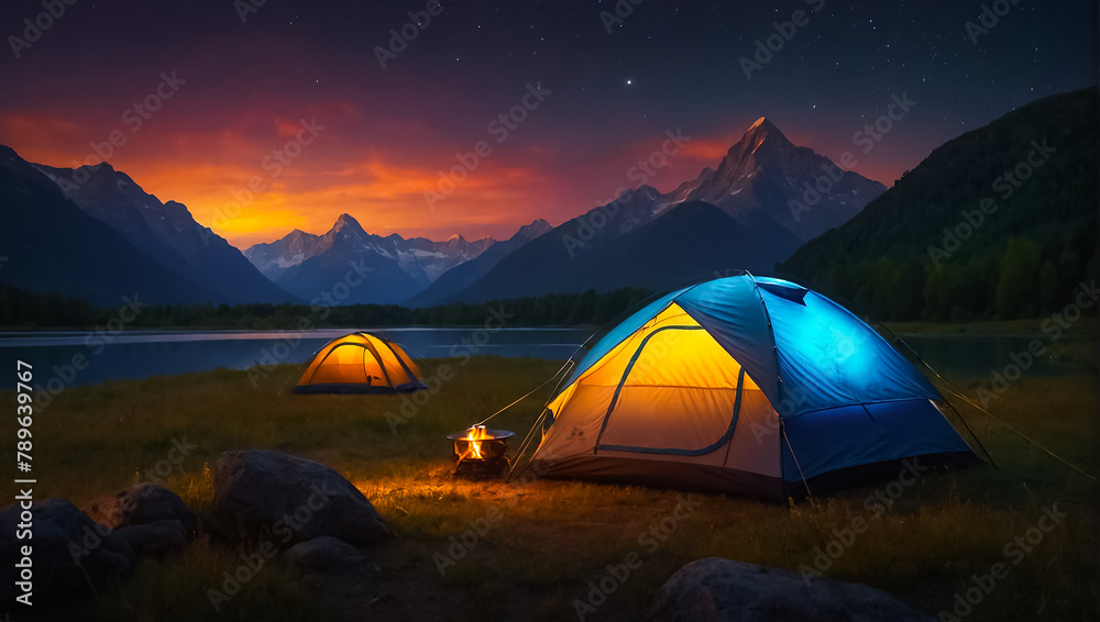 Tent tourist night, mountains journey
