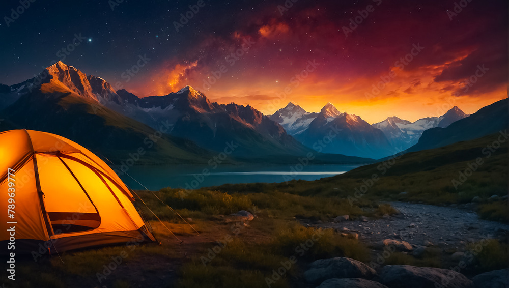 Tent tourist night, mountains
