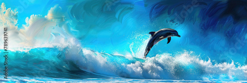 A painting of a dolphin gracefully riding a large wave in the ocean