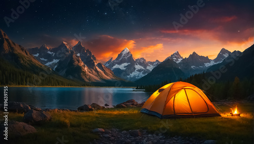 Tent tourist night, mountains