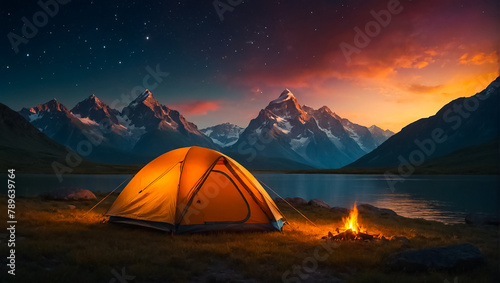 Tent tourist night  mountains