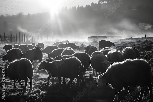 Compact flock of sheep walking and eating in the pasture. Black and white photography a true moment of mountain rural life na large and compact flock of sheep crosses the  photo