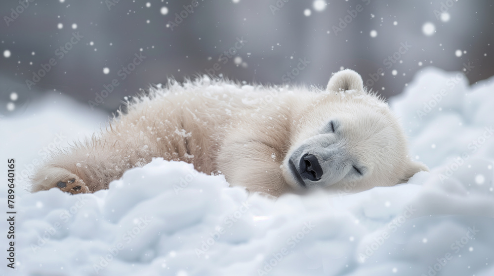 Heartwarming image of a young polar bear cub amid a delicate snowfall in a serene winter landscape