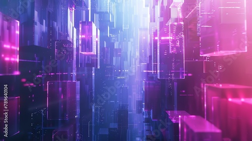 3D rendering of a futuristic city with skyscrapers made of glass and lit by neon lights.