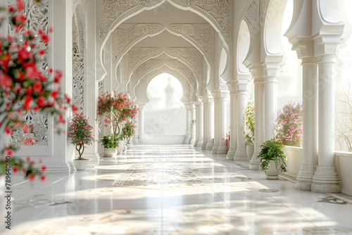 Sunlit mosque interior with arched hallways and vibrant flowers, ideal for architectural visualizations. End of Eid al-Fitr.