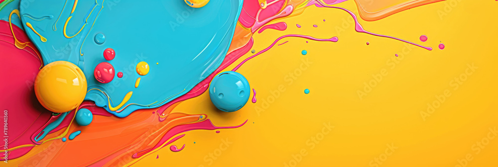 A wall painted in shades of yellow and blue with various splatters of paint scattered across its surface A wall painted in shades of yellow and blue with various splatters of paint scattered across its surface