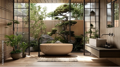 crafting a luxurious japan bathroom , blend Japanese minimalism with Scandinavian functionality, sustainable haven, japan aesthetic, bonsai tree, towel, bathtub, washbasin
