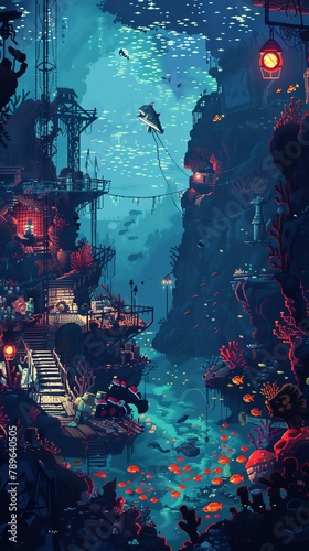 Pixelated deep-sea exploration, angler fish, and eerie underwater lights