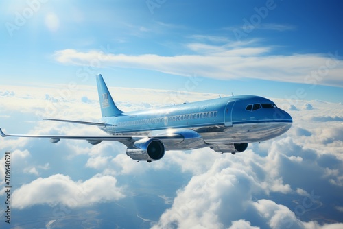 Close-up of passenger airliner flying in blue sky with clouds. Air travel concept