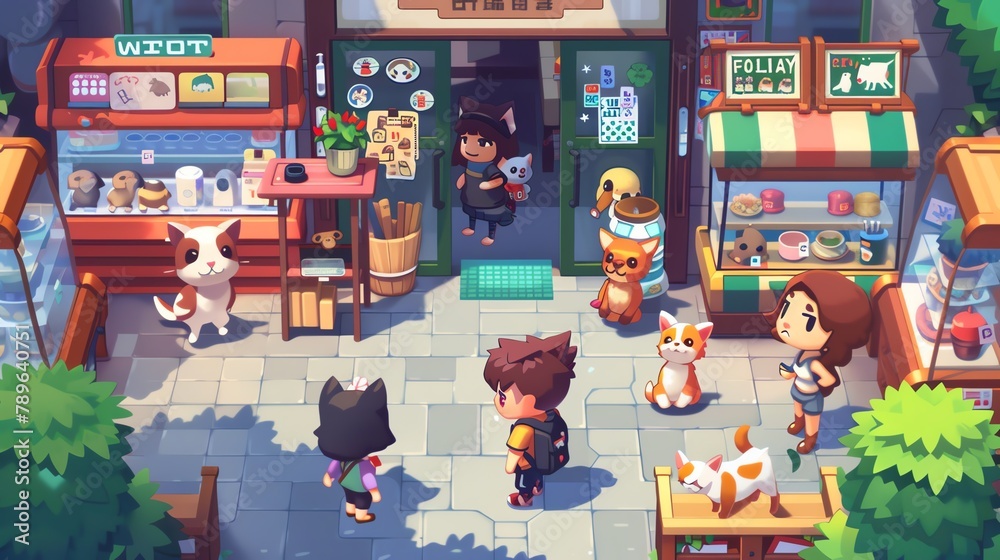 Pixelated pet shop, various pixel pets, and customers