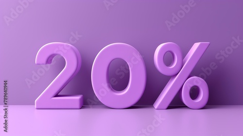 A simple 3D rendering of purple text that reads "20%". The text is set against a lavender background and has a glossy finish.