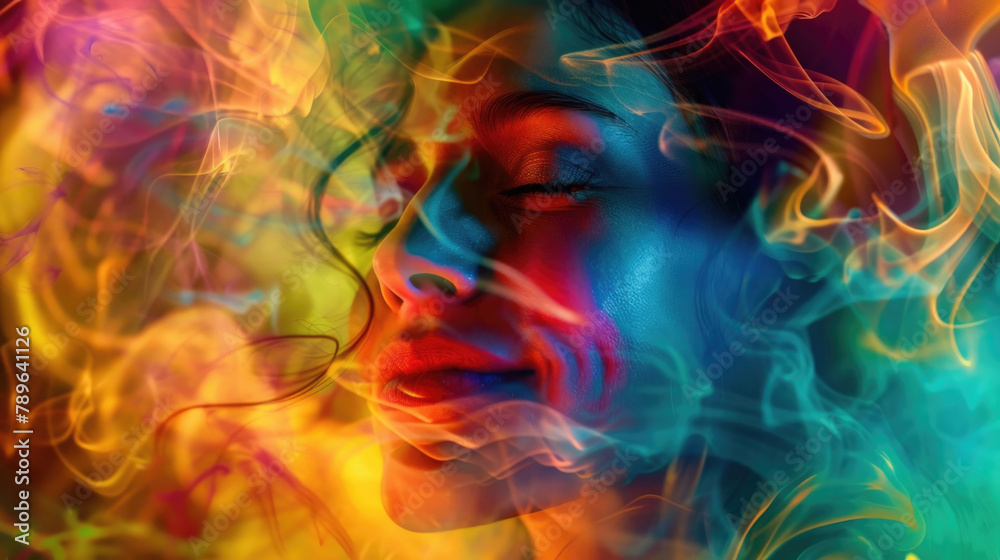 A womans face surrounded by vibrant swirls of colorful smoke emerging from her features