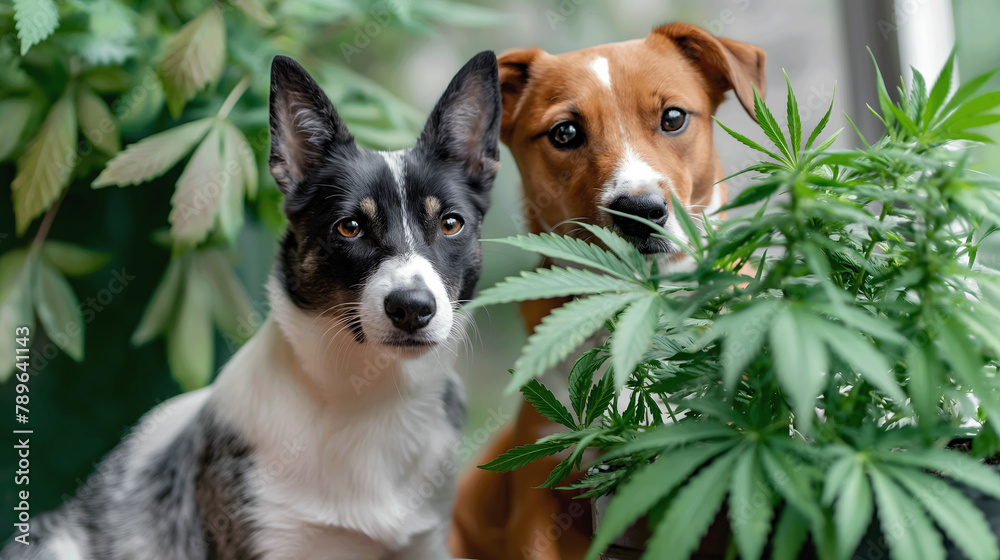 Cannabis Pflanze vor zwei Hunden - medizinische Tierpflege