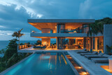 A modern concrete house with a pool, overlooking the sea in Phuket Thailand with an open air living room and dining area, sunset lighting. Created with Ai