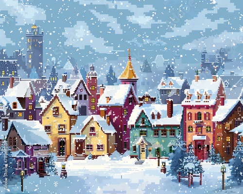 Pixelated winter village with snow falling, colorful houses with chimneys © sukrit