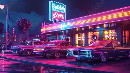 Retro diner in pixel style, neon signs, classic cars parked outside © sukrit