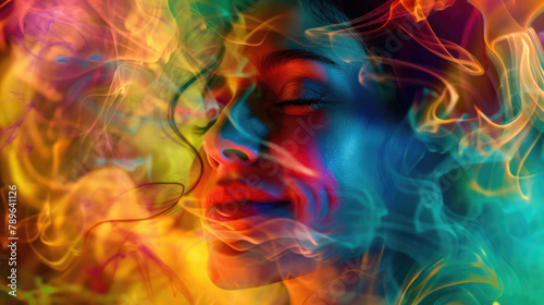 A womans face surrounded by vibrant swirls of colorful smoke emerging from her features