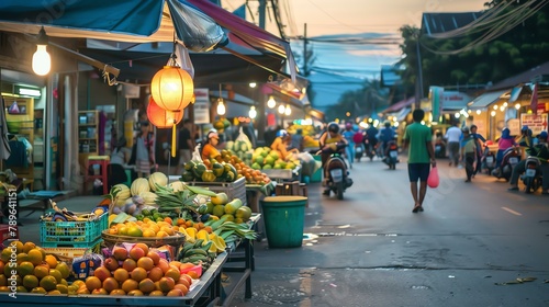 A vibrant and bustling Asian street market with an array of fresh fruits and vegetables on display. photo