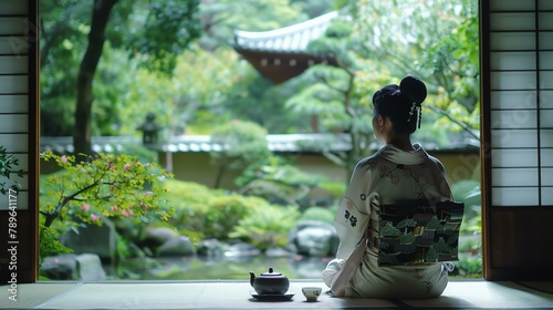 A woman in a kimono is sitting on the floor of a traditional Japanese house. She is looking out at a beautiful garden.