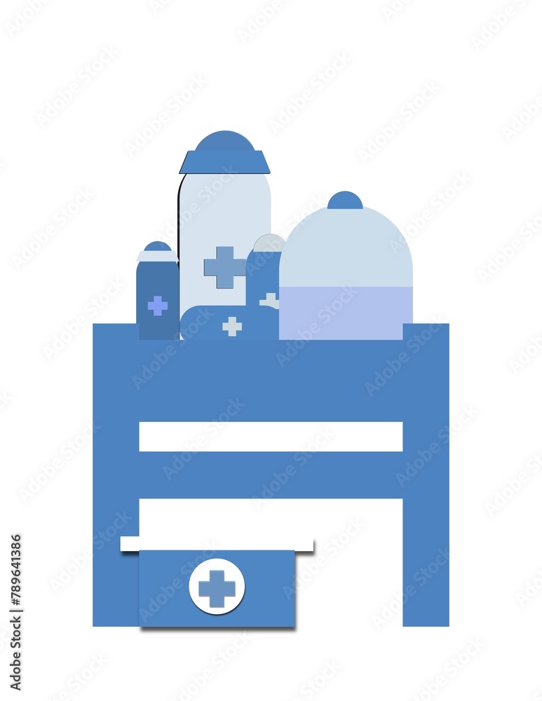A blue shelf with a variety of medical supplies place on it A blue shelf with a variety of medical supplies place on it