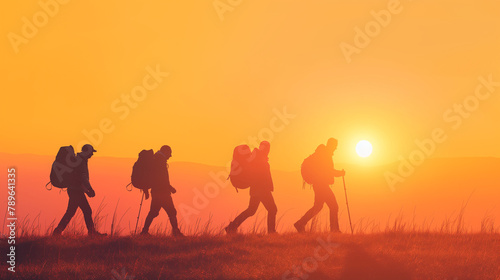 group of people walking in the sunset photo