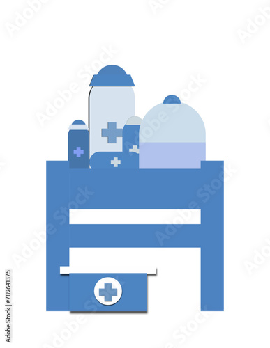 A blue shelf with a variety of medical supplies place on it