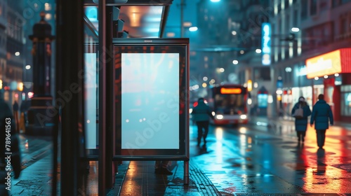 An empty bus stop at night. There are people walking in the background. A bus is approaching the stop. The bus stop is made of glass and metal.