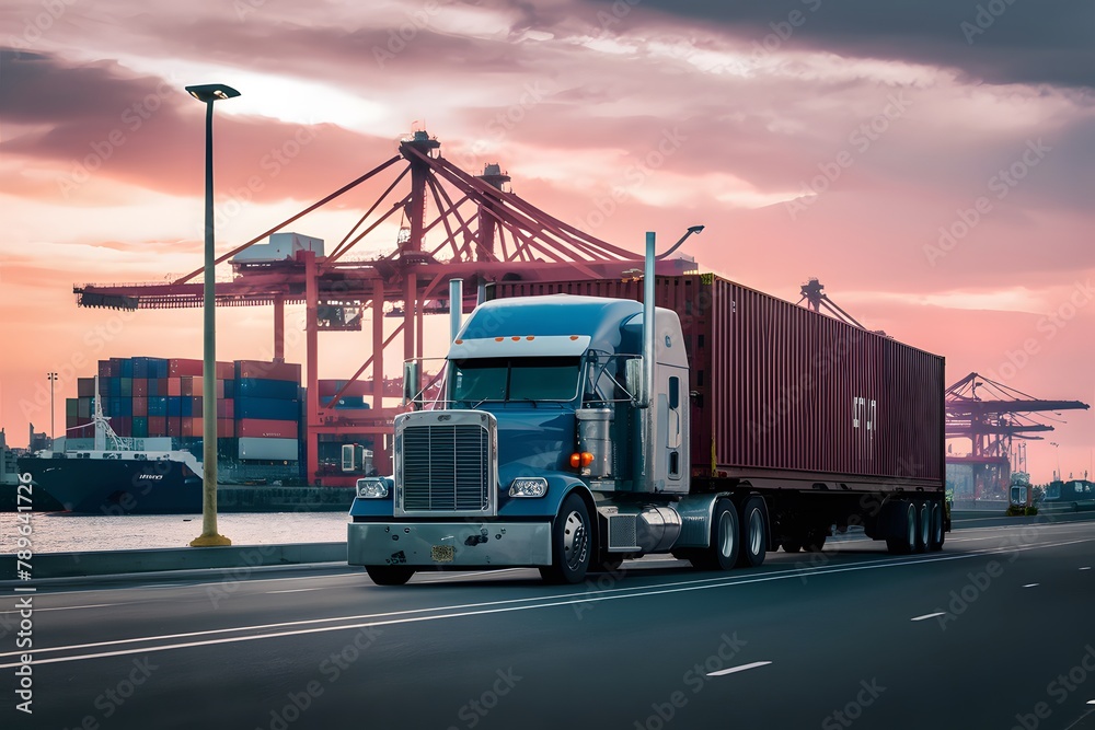 Truck trailer at cargo port terminal with cranes, containers Truck trailer at cargo port terminal with cranes, containers