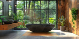 A rustic stone bathtub with steam rising from it, set in an open-air bathroom surrounded by wooden accents and greenery. Createdd with Ai