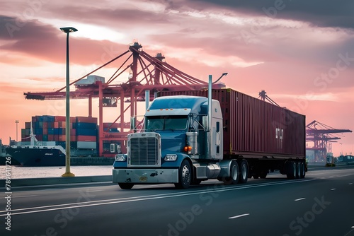 Truck trailer at cargo port terminal with cranes, containers