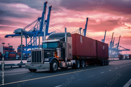 Truck trailer at cargo port terminal with cranes, containers photo