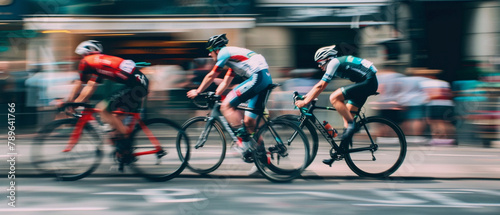 Competitive bike racers speeding through urban streets, captured in raw style with vibrant colors.