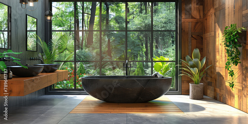 A rustic stone bathtub with steam rising from it, set in an open-air bathroom surrounded by wooden accents and greenery. Createdd with Ai #789641787