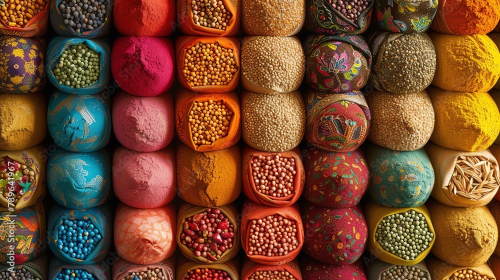 A variety of spices in colorful sacks at a market.