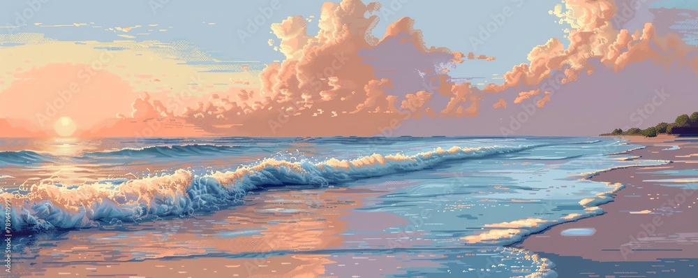 Fototapeta premium A serene pixel beach scene at sunrise, soft waves, sandy shores