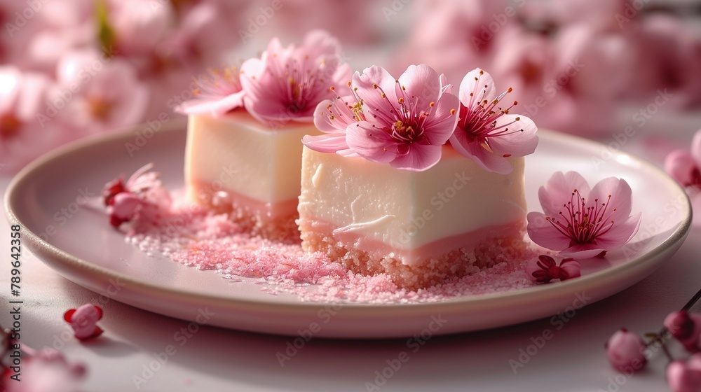 Cherry blossom inspired dessert on light background. AI generate illustration