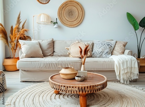 Beige sofa in the middle of the living room with a wooden coffee table